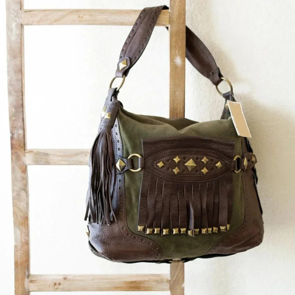 NWT! MICHAEL KORS COLLEGIATE STUDDED BROWN LEATHER OLIVE GREEN SUEDE BAG - Picture 3 of 15